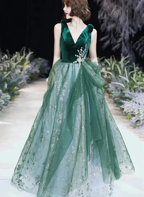 A-line Green Tulle and Velvet Long Formal Dress, Green Tulle Party Dress Prom Dress Tunics Stylish elegant A-line Green Tulle and Velvet Long Formal Dress, Green Tulle Party Dress Prom Dress Tunics Stylish elegant