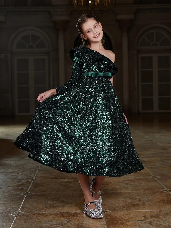 Tween Girls' One Shoulder Ruffle Trim Sequin Party Dress Tunics Satin smooth