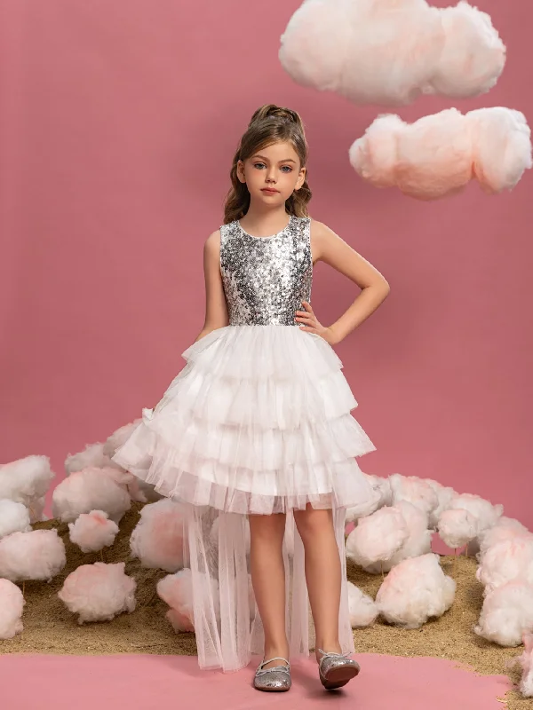 Tween Girls' Mesh Layered Hem Sequin Party Dress Peplum Ruffle Cocktail