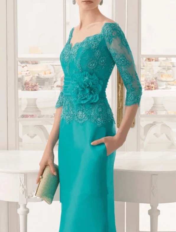 Mint Green Mother Of The Bride Dresses Sheath 3/4 Sleeves Appliques Beaded Long Wedding Party Dress Mother Dress For Wedding Cowl Neckline Elegant