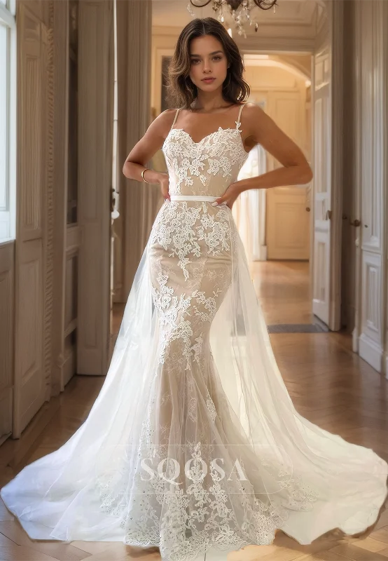 Sweetheart Spaghetti Straps Mermaid Formal Prom Dress with Lace Appliques Overskirt Party Dress Tunics Stylish modern Sweetheart Spaghetti Straps Mermaid Formal Prom Dress with Lace Appliques Overskirt Party Dress Tunics Stylish modern