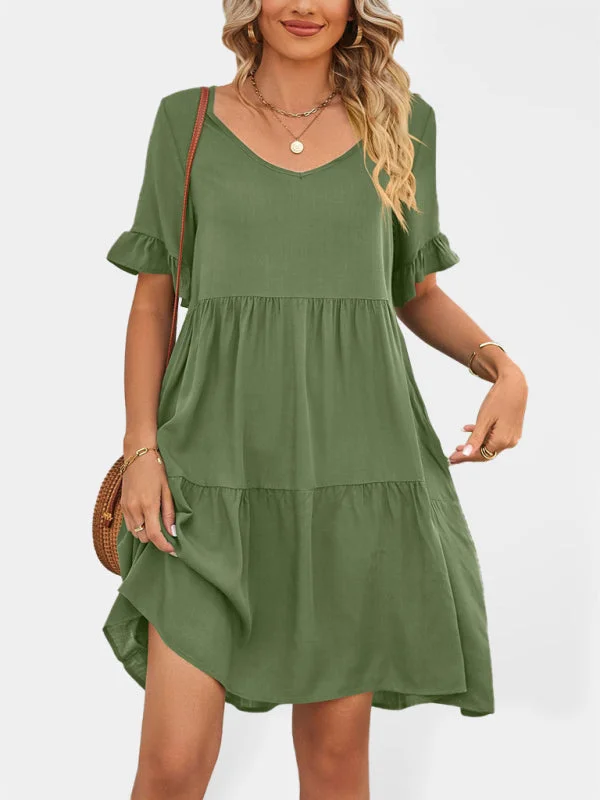 Summer Casual V-Neck Babydoll Three Layer Pleated Dress Tunics Timeless classic