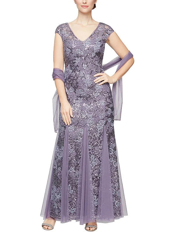 Petites Womens Mesh Cap Sleeves Formal Dress Tunics Long Elegant