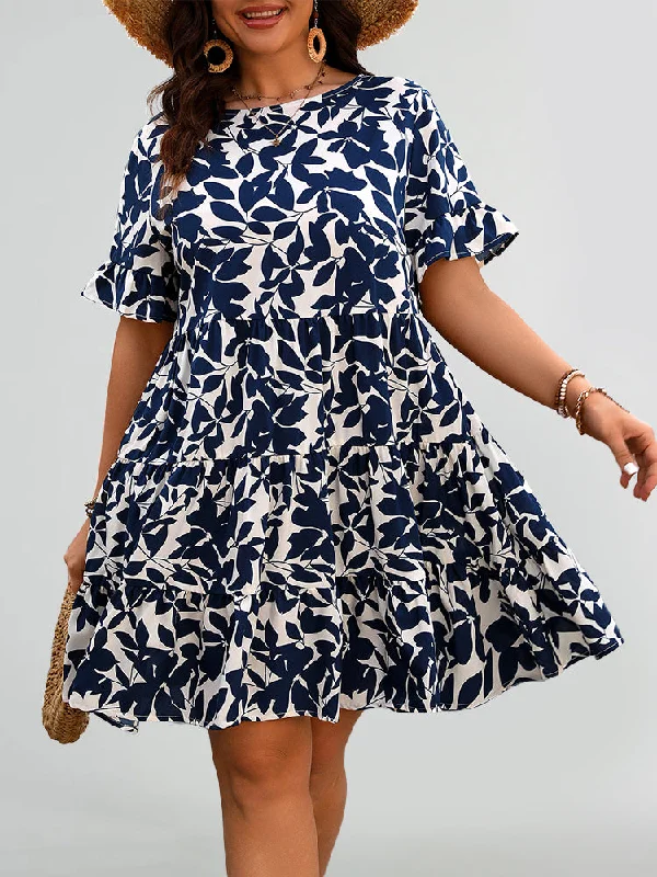 Floral Print Round Neck Ruffle Hem Dress Shift Classic Vintage