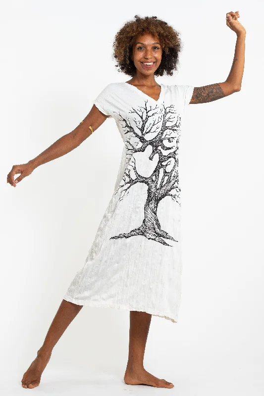 Womens Om Tree V Neck Long Dress in White Tunics stripes playful