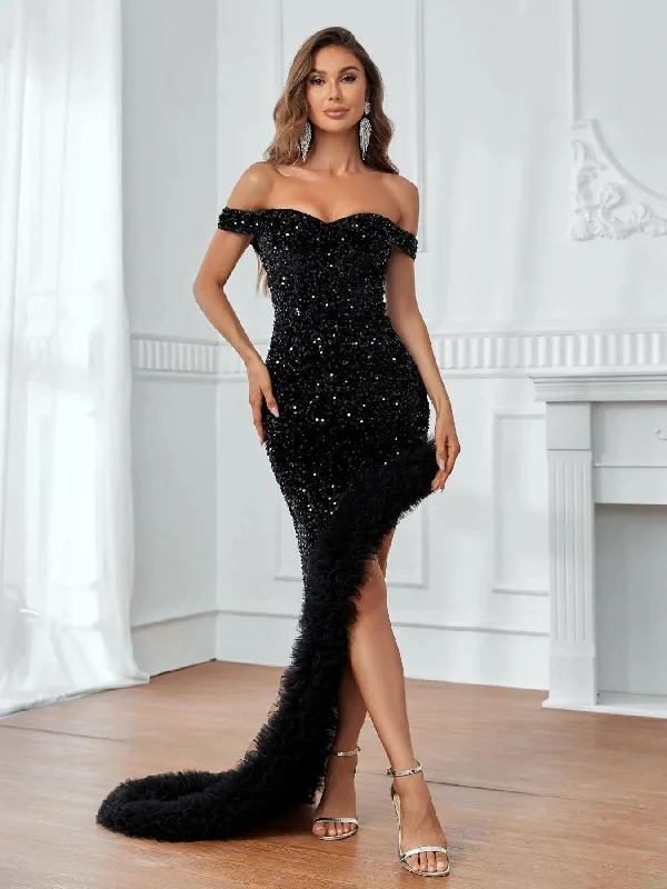 Off Shoulder Asymmetrical Hem Sequin Party Dress Tunics Distressed trendy