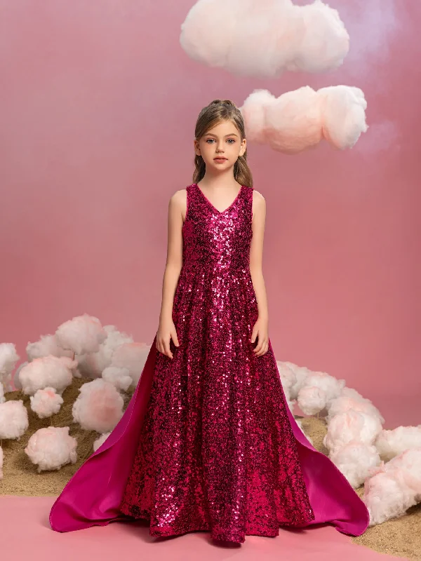 Tween Girls' Contrast Satin Sequin Party Dress Square Neckline Feminine