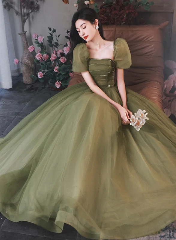Green Puffy Short Sleeves Tulle Prom Party Dress, Green Evening Dresses Tunics Gym athletic Green Puffy Short Sleeves Tulle Prom Party Dress, Green Evening Dresses Tunics Gym athletic