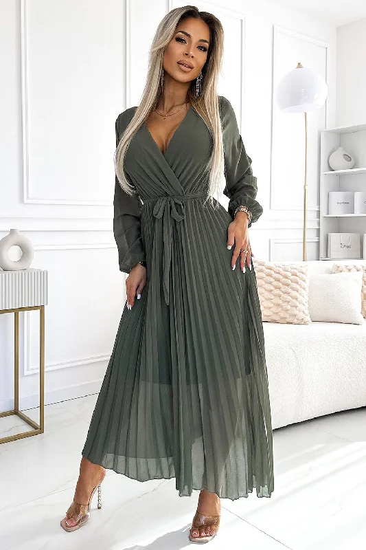 Pleated chiffon dress with scoop neckline; long sleeves and tied belt - KHAKI A-Line Day Work
