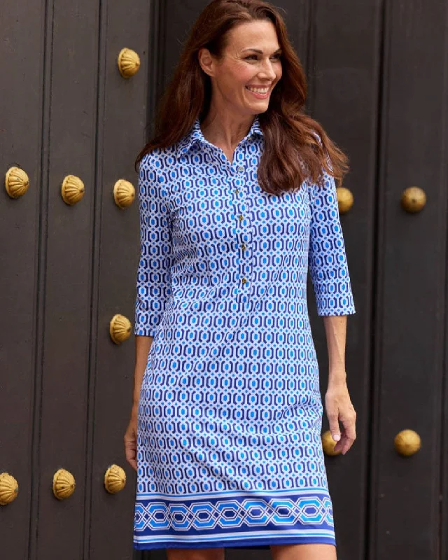 Jude Connally Susanna Dress - Terrace Geo Border Beacon Blue Tunics Versatile stylish Jude Connally Susanna Dress - Terrace Geo Border Beacon Blue Tunics Versatile stylish