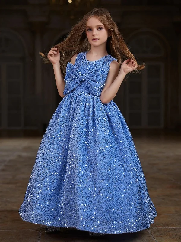 Tween Girls' Cute Sleeveless Bow Front Sequin Party Dress Boatneck Modish Everyday