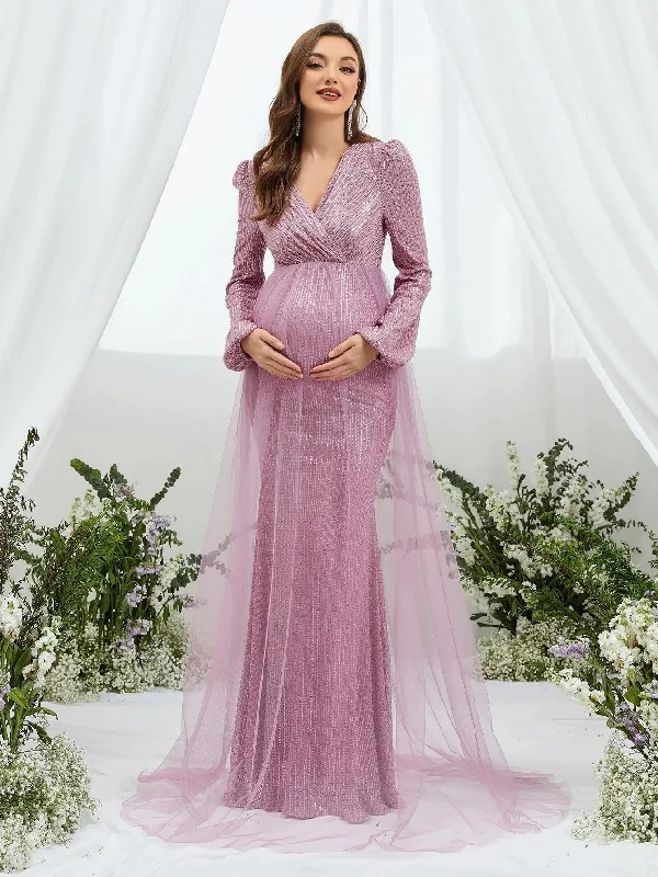 Maternity Surplice Neck Contrast Mesh Sequin Party Dress Tunics Seasonal trendy