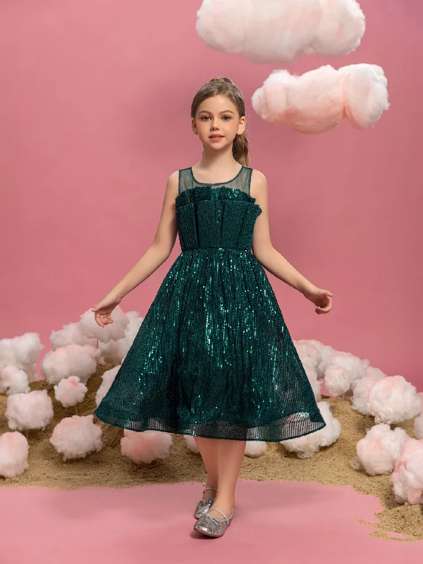 Tween Girls' Pleated Front Sleeveless Sequin Party Dresses Tunics Silk luxurious