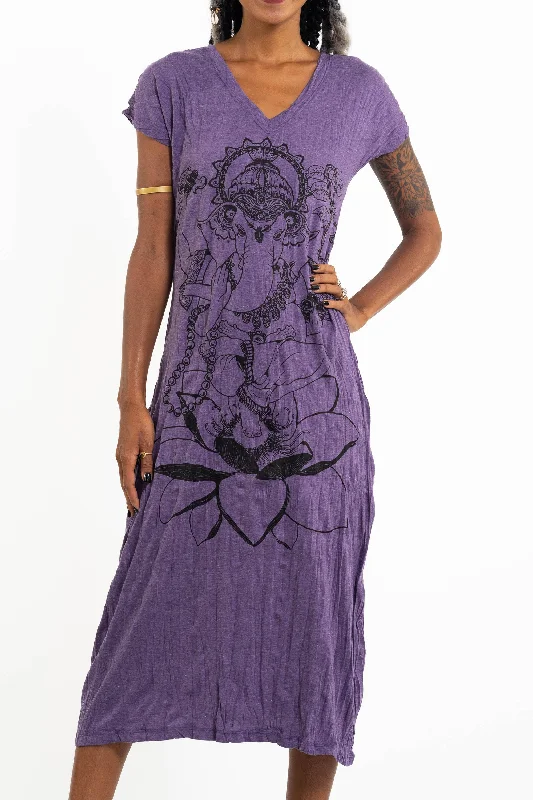 Womens Lord Ganesh V Neck Long Dress in Purple Tunics Versatile all-occasion