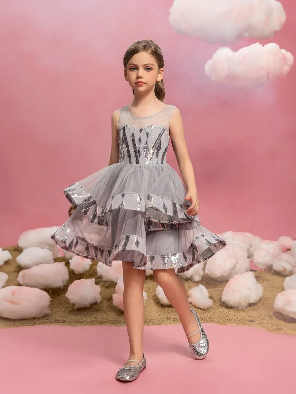Tween Girls' Mesh Layered Hem Contrast Sequin Party Dress Tunics Solid Classic