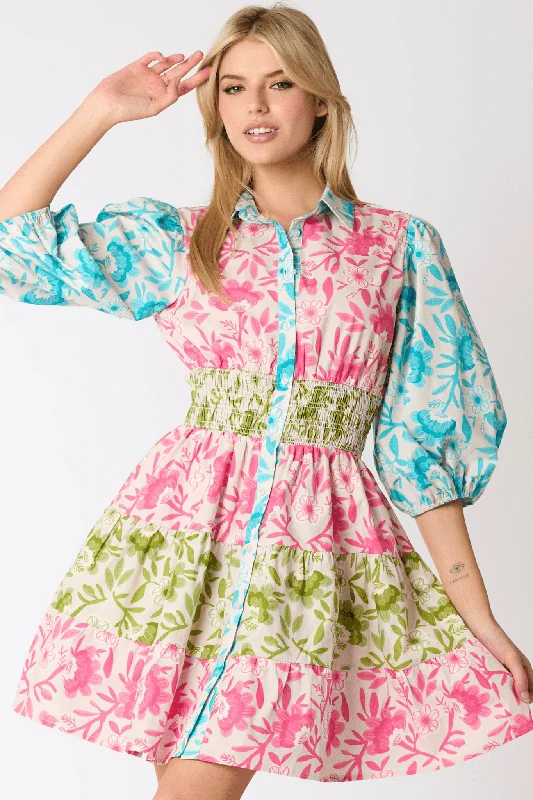 Mixed Floral Print Dress Turtleneck Neckline Stylish