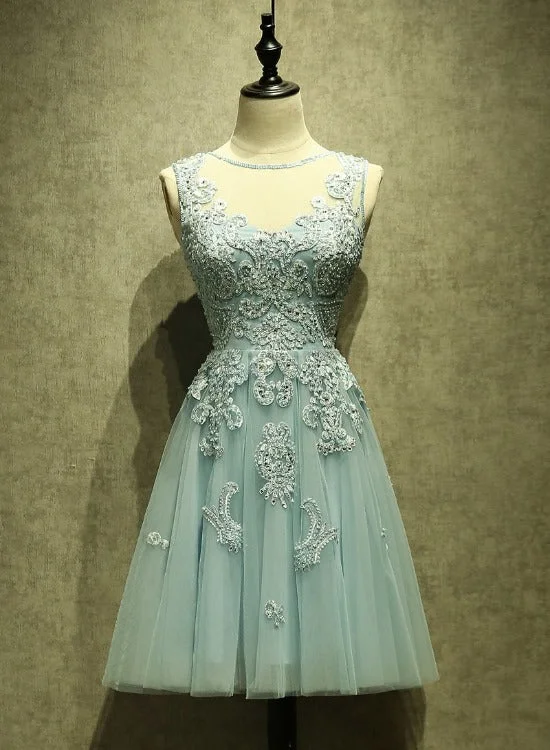 Mint Green Tulle Short Lace Beaded Knee Length Wedding Party Dress, Lovely Homecoming Dress Prom Dress Tunics Mesh breathable Mint Green Tulle Short Lace Beaded Knee Length Wedding Party Dress, Lovely Homecoming Dress Prom Dress Tunics Mesh breathable