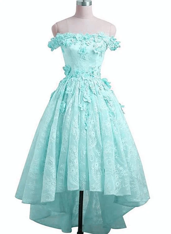 Mint Green Lace Off Shoulder High Low Party Dress, Short Prom Dress Formal Dress Tunics Distressed trendy Mint Green Lace Off Shoulder High Low Party Dress, Short Prom Dress Formal Dress Tunics Distressed trendy
