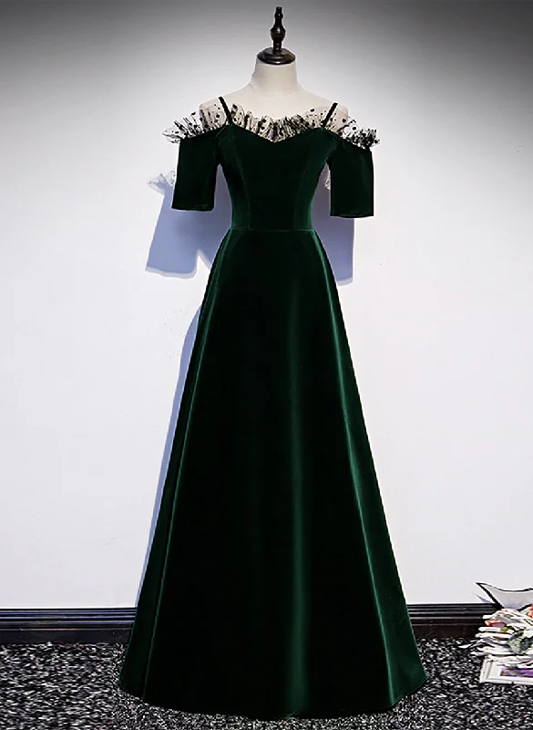 A-line Green Velvet Spaghetti Straps Prom Dress, Green Wedding Party Dress Sequined Elegant Party A-line Green Velvet Spaghetti Straps Prom Dress, Green Wedding Party Dress Sequined Elegant Party