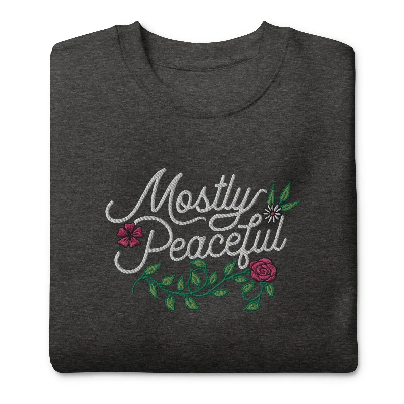 Mostly Peaceful Embroidered Crewneck Sweatshirt Hoodie with Belted Waist Structured Tailored Mostly Peaceful Embroidered Crewneck Sweatshirt Hoodie with Belted Waist Structured Tailored