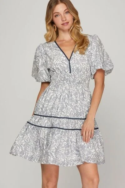 She + Sky Full Size Printed V-Neck Puff Sleeve Tiered Dress Plus Size Tunics Silk luxurious She + Sky Full Size Printed V-Neck Puff Sleeve Tiered Dress Plus Size Tunics Silk luxurious