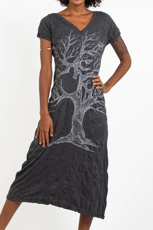 Womens Om Tree V Neck Long Dress in Silver on Black Tunics Polka dots