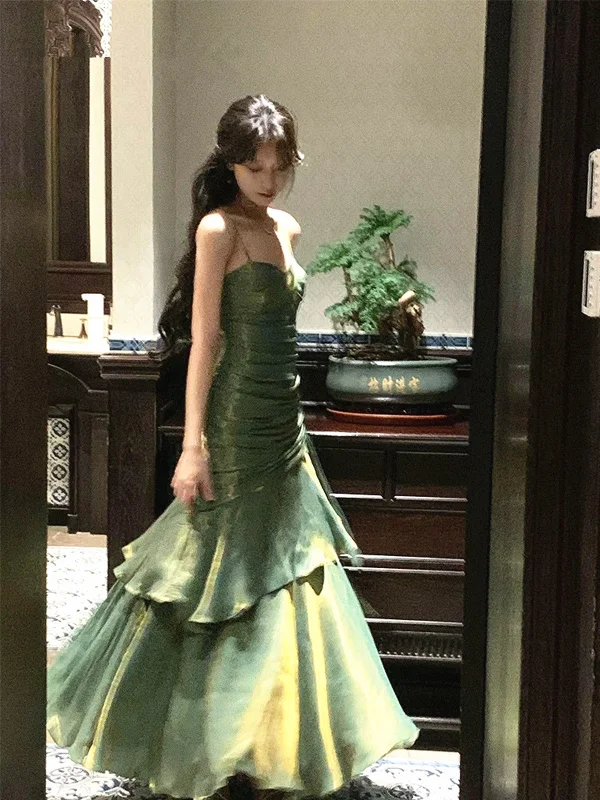 Green Satin Straps Long Layers Evening Dress, Green Satin Long Party Dress Prom Dress Tunics Top rated Green Satin Straps Long Layers Evening Dress, Green Satin Long Party Dress Prom Dress Tunics Top rated