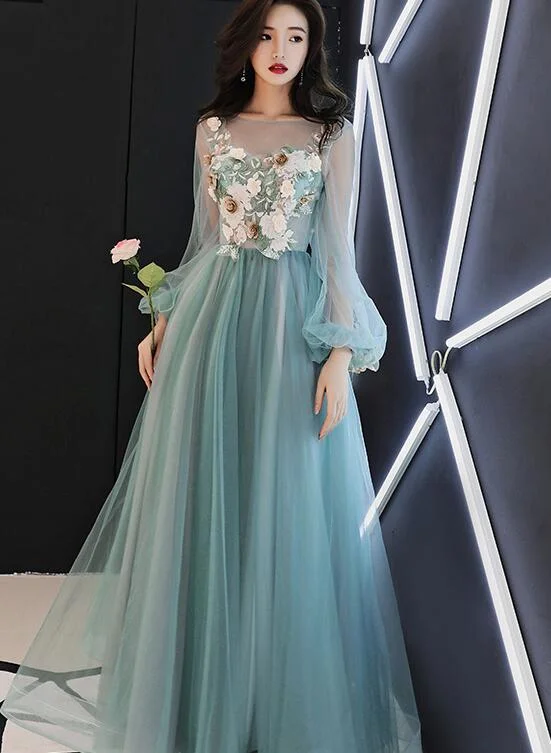 Light Green Tulle Long Party Dress with Flowers, Long Formal Dresses Tunics Party sparkling Light Green Tulle Long Party Dress with Flowers, Long Formal Dresses Tunics Party sparkling