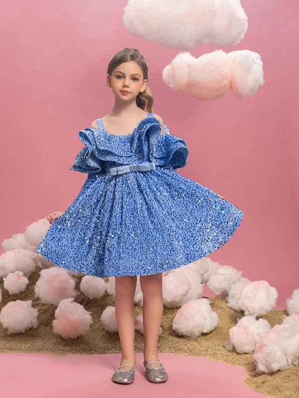Tween Girls' Off Shoulder Layered Ruffle Trim Sequin Party Dress Tunics stripes playful Tween Girls' Off Shoulder Layered Ruffle Trim Sequin Party Dress Tunics stripes playful