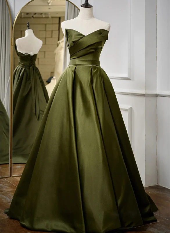 Green Satin V-neckline Lace-up Long Wedding Party Dress, Green Evening Dress Off-the-shoulder Bohemian Festive Green Satin V-neckline Lace-up Long Wedding Party Dress, Green Evening Dress Off-the-shoulder Bohemian Festive