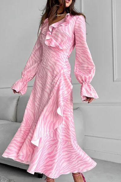 Zebra Print Ruffled Surplice Flounce Sleeve Dress Tunics Party sparkling