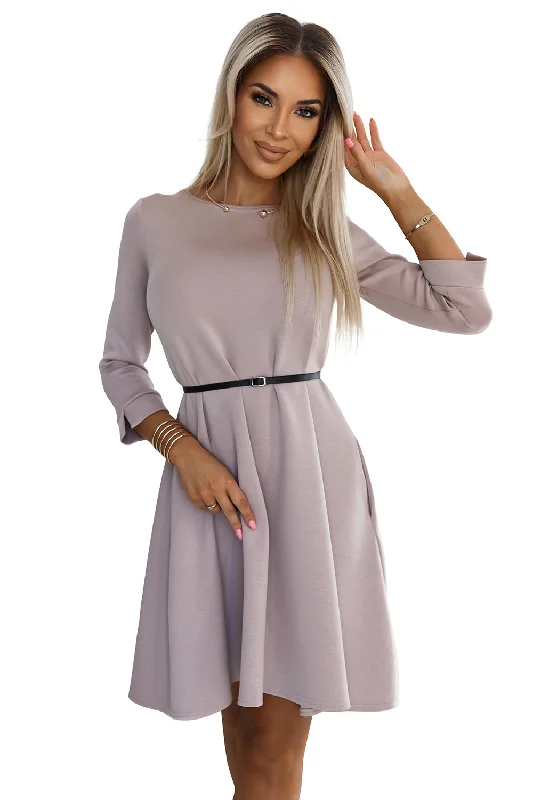 Classic trapeze dress with black belt - beige Tunics Top rated