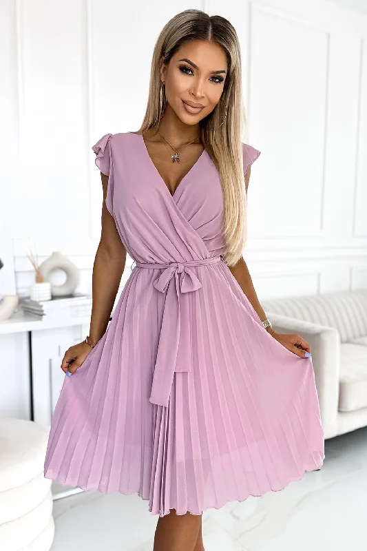 POLINA Pleated dress with a neckline and frills - dirty pink Tunics Short Trendy