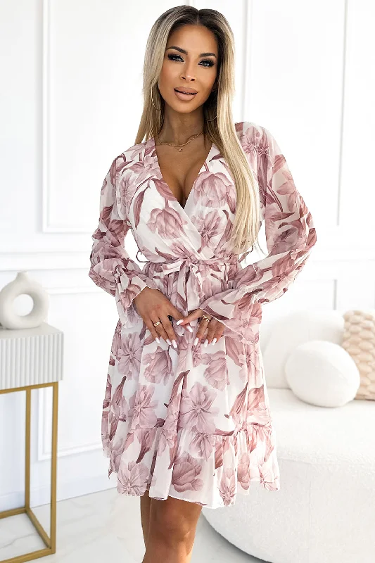 Chiffon dress with a neckline; ruffles and a belt - beige flowers Tunics Review highly