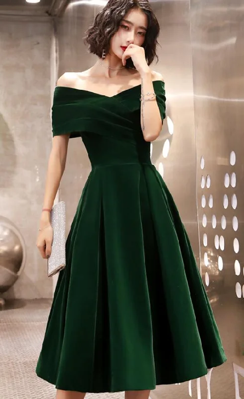 Green Tea Length Velvet Off Shoulder Party Dress, Green Bridesmaid Dress Tunics Lace romantic Green Tea Length Velvet Off Shoulder Party Dress, Green Bridesmaid Dress Tunics Lace romantic