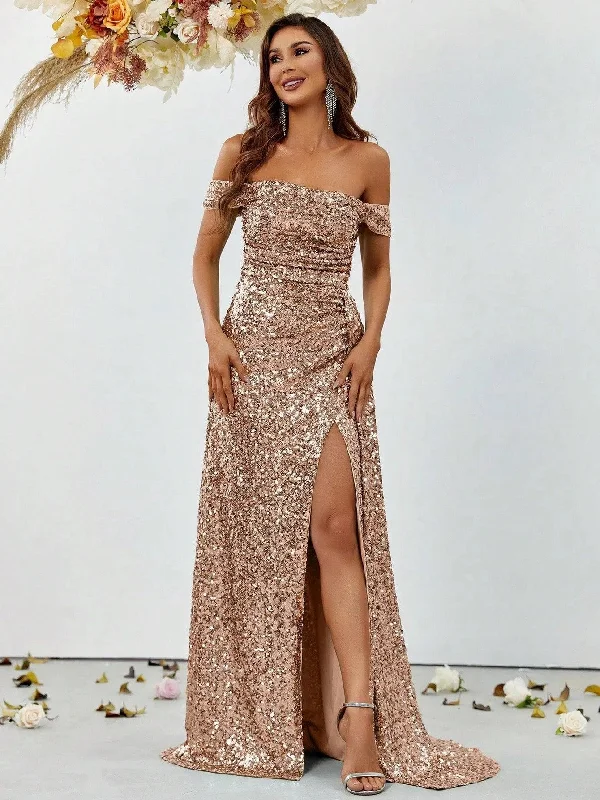 Off Shoulder Ruched Draped Side Sequin Party Dress Tunics Stylish elegant