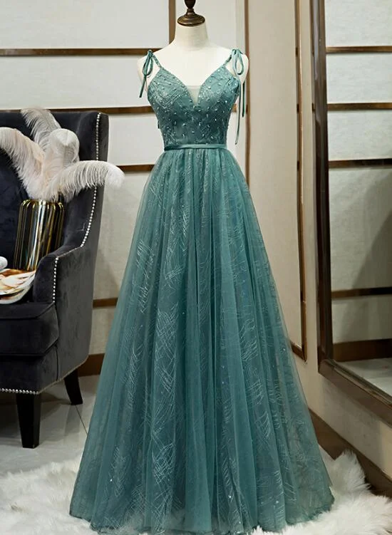 Green Tulle Long Prom Dress, New V-neckline Straps Long Party Dress Tunics Evening elegant Green Tulle Long Prom Dress, New V-neckline Straps Long Party Dress Tunics Evening elegant