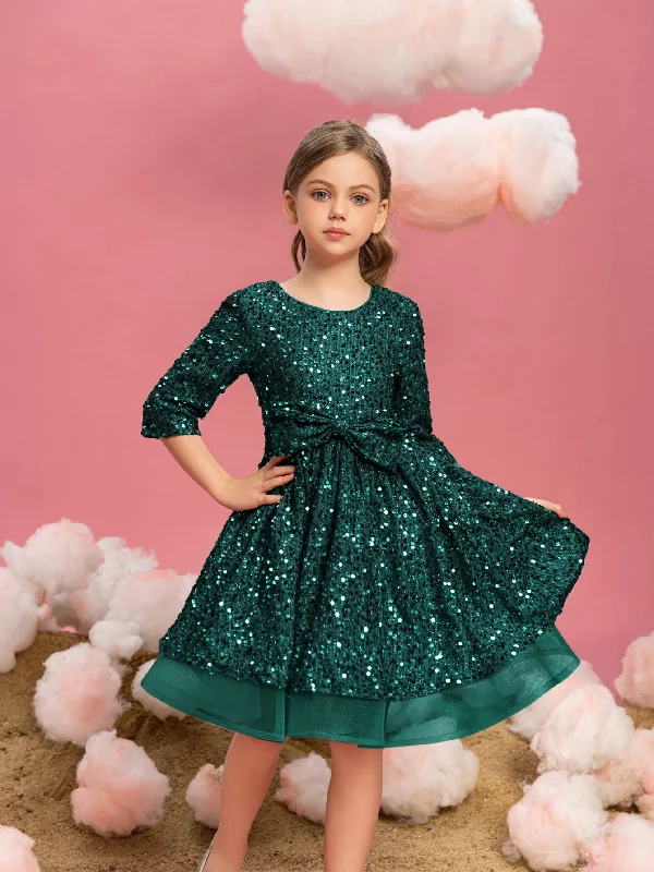 Tween Girls' Bow Detail 3/4 Sleeve Sequin Party Dress Tunics Canvas sturdy