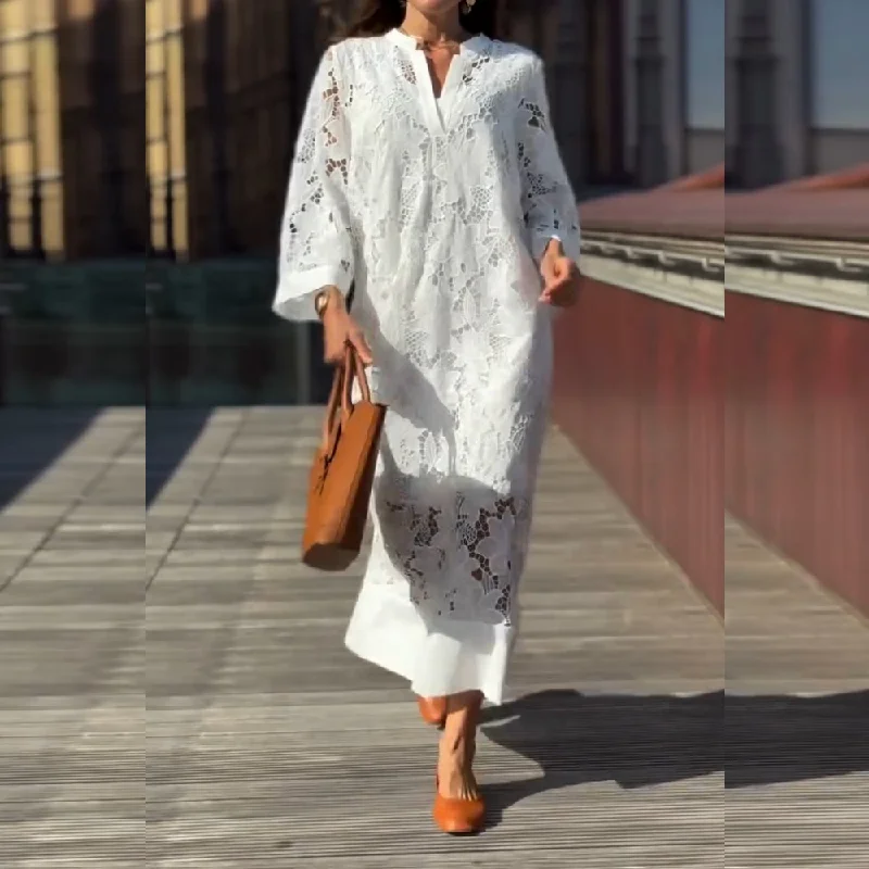 Casual V-Neck Lace Long Dress Tunics Exclusive limited