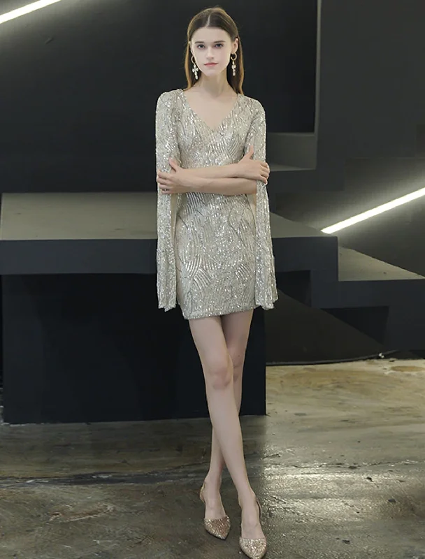 Sparkle Elegant Homecoming Cocktail Party Dress V Neck Long Sleeve Short Mini Sequined with Sequin Slit Tunics Handmade artisanal Sparkle Elegant Homecoming Cocktail Party Dress V Neck Long Sleeve Short Mini Sequined with Sequin Slit Tunics Handmade artisanal