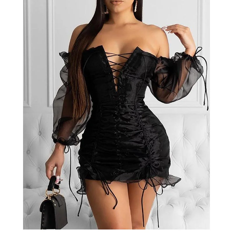 Women's black sexy party dress with mesh lace Tunics Hiking breathable