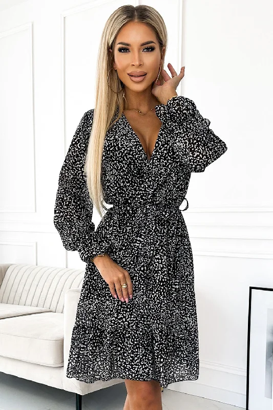 Chiffon dress with a neckline; ruffles and a belt - black and white pattern Tunics Trousers formal Chiffon dress with a neckline; ruffles and a belt - black and white pattern Tunics Trousers formal