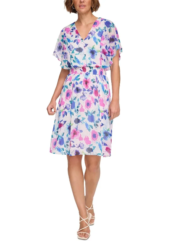Womens Smocked Waist Floral Fit & Flare Dress Tunics Print Colorful
