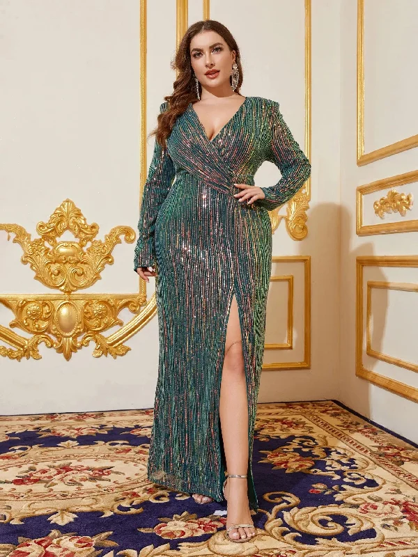 Plus Size V Neck Long Sleeves Sequin Slit Party Dress Pencil Length Work