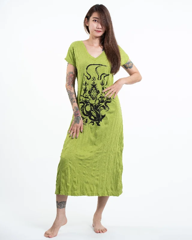 Womens Ganesh Chakra V Neck Long Dress in Lime Tunics Summer linen