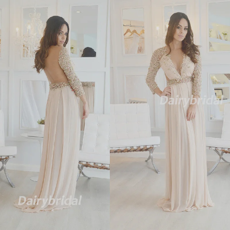 Beaded Party Dresses, Long Sleeve Prom Dress, Chiffon Prom Dress, See Through Prom Dress, D25 Tunics Versatile functional