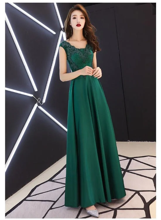 Green Satin A-line Long Party Dress with Lace, Beaded Satin Evening Dress Prom Dress Tunics Trousers formal Green Satin A-line Long Party Dress with Lace, Beaded Satin Evening Dress Prom Dress Tunics Trousers formal