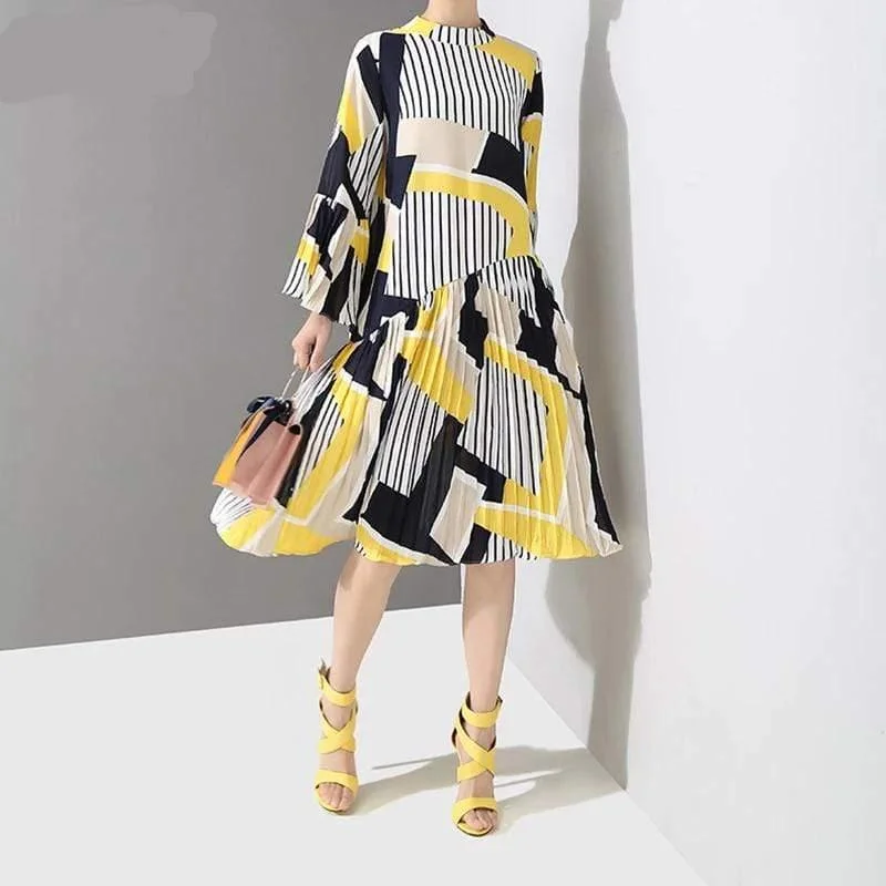 New  Fashion Pleated Loose Dress Square Neckline Feminine