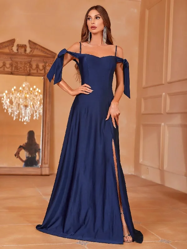 Elegant Cold Shoulder Knot Side Cami Party Dress Tunics Satin smooth