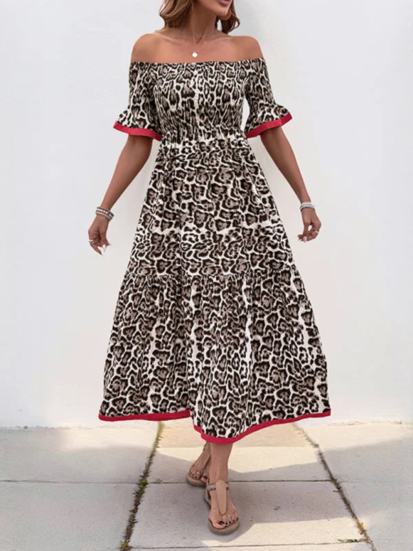 Leopard print dress with ruffled sleeves and boat neckline Tunics Chic elegant